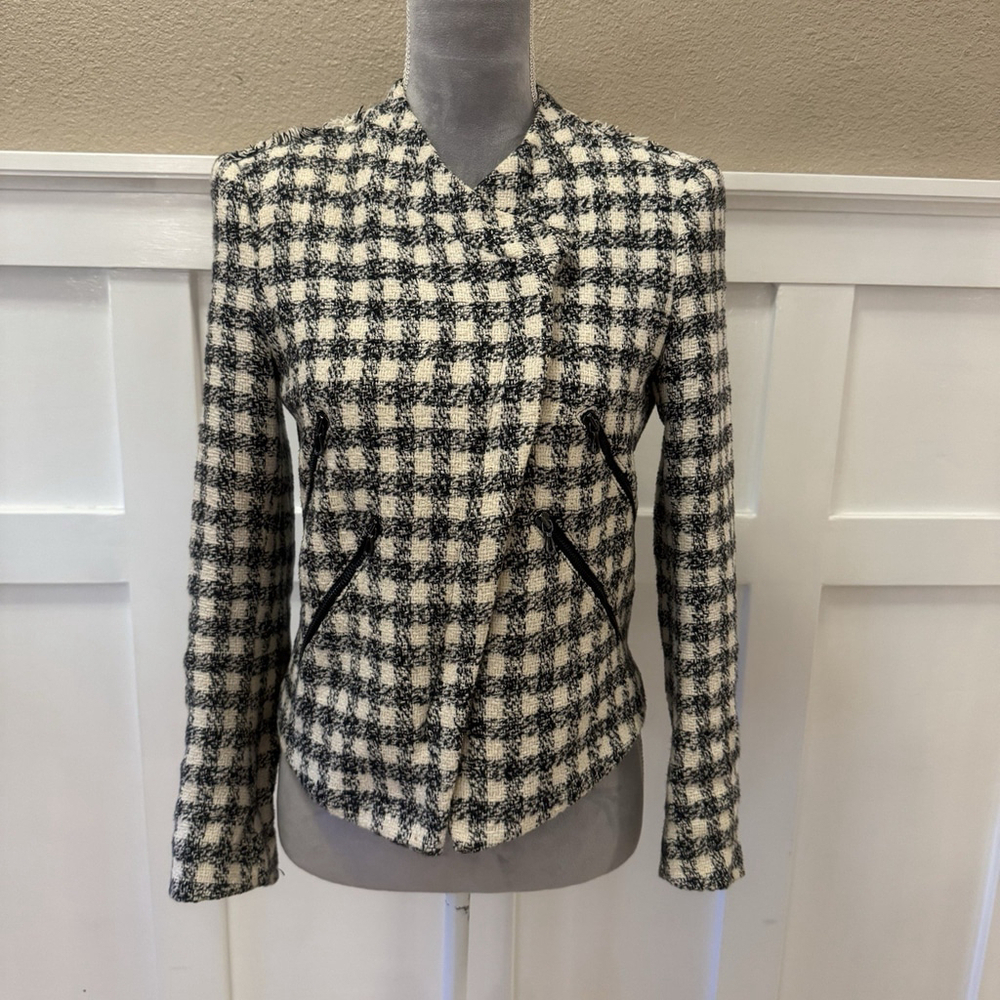 ZARA BASIC Tweed Cropped Textured Jacket:XS Plaid Asymmetric Zip Pockets Blazer